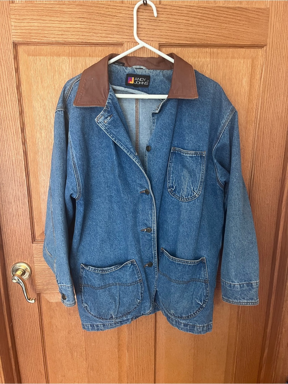 Vintage Andy Johns Denim chore Jacket with patch pockets & leather Collar - Blue